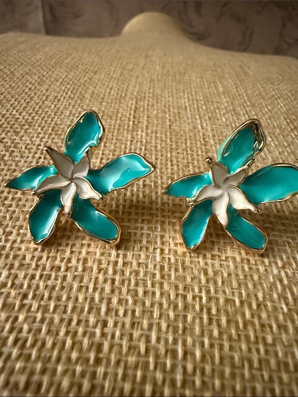 Turquoise Floral Enamel Earrings with Gold Accents